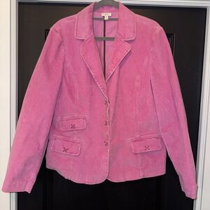 J Jill medium pink corduroy 3 button snap blazer jacket pockets brown embroidery